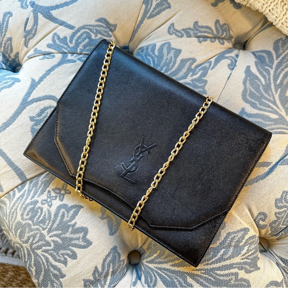 Authentic Yves Saint Laurent "YSL" Black Leather Envelope Clutch Bag W/Chain - Picture 4 of 15